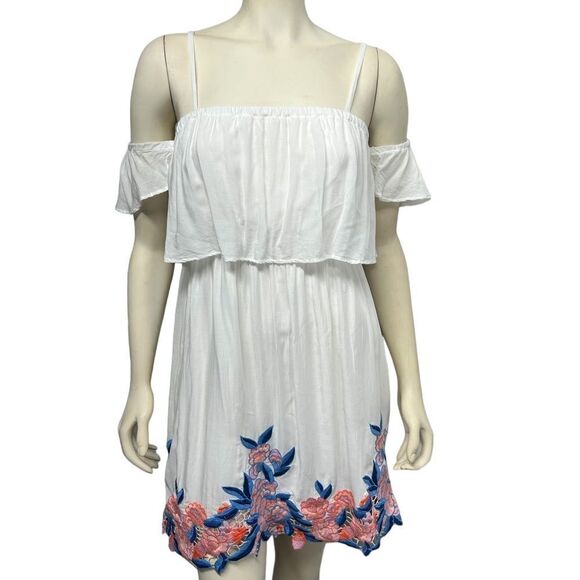 Cute Short White Dress Embroidered Flowers Cold Shoulder Mini Dress Short Sleeve - Picture 2 of 7